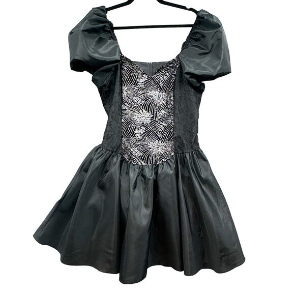 VTG 90s Black Mini Party Dress Women 13 Prom Puff Sleeve Witch Goth Grunge Punk - Picture 1 of 16
